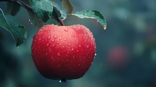 Rain kissed crimson apple glowing in a misty orchard.