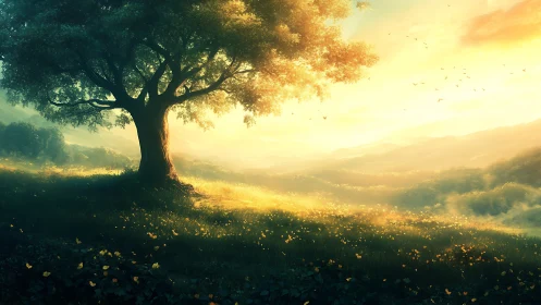 Lone tree over sunlit valley under golden dawn sky.
