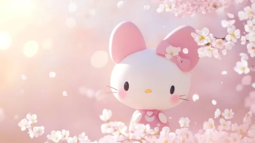 Pink cartoon cat among soft-focus cherry blossoms.