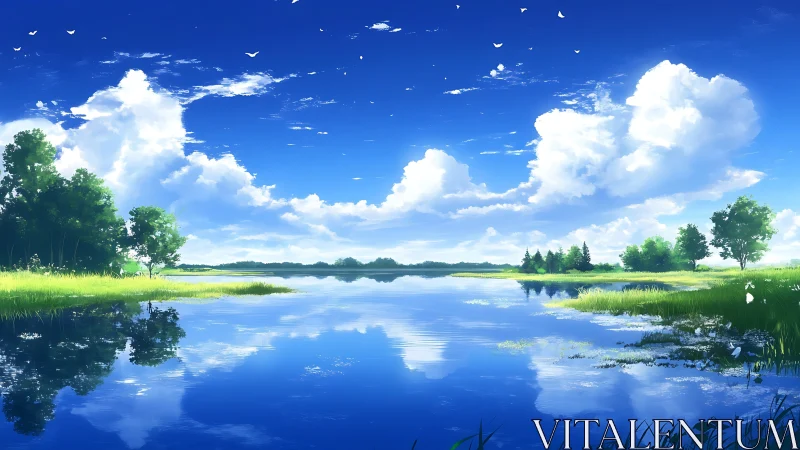 Lake reflects bright cumulus clouds under deep blue sky