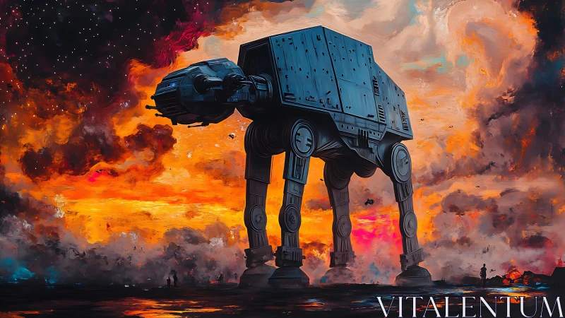 Colossal walker strides through inferno-splashed galactic dusk.