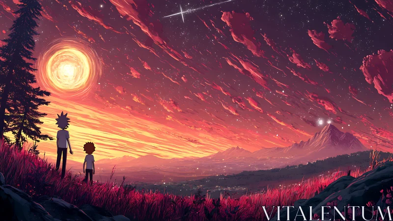 Crimson skyward odyssey with lone figures under alien dusk.