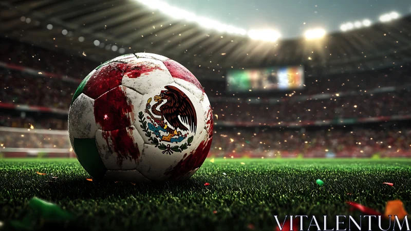 Mexico national flag soccer ball on stadium pitch under lights.