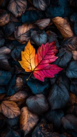 Tri-color autumn leaf glows against deep blue forest floor
