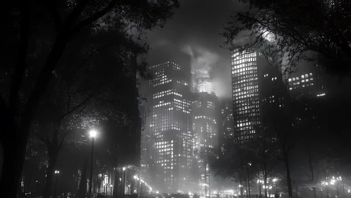 Monochrome night cityscape with luminous towers in rain-soaked park.