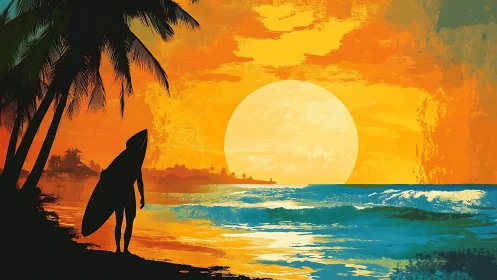 Surfer silhouette on tropical beach at vivid sunset sky.