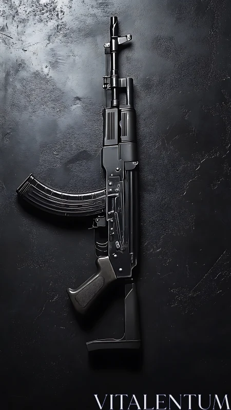 Black assault rifle on dark textured background, side view.