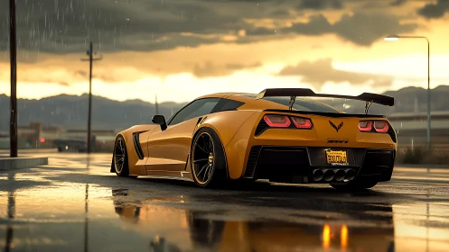 Yellow sports car glows on wet asphalt under stormy sunset