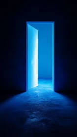 Luminous blue doorway opening into a stark minimal interior.