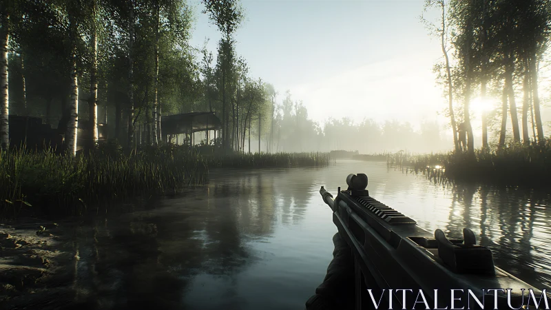 Tactical First-Person Engagement Through Misty Wetland Corridor.