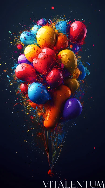 Glossy balloons exploding in vibrant colors against dark background.