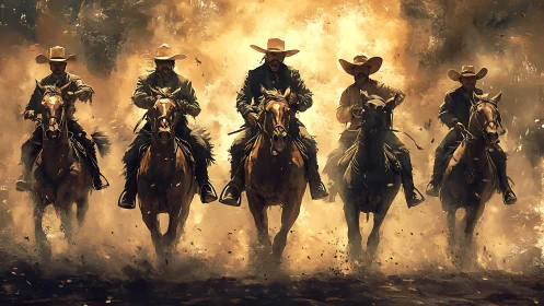 Digital painting of five cowboys charging through dust storm.
