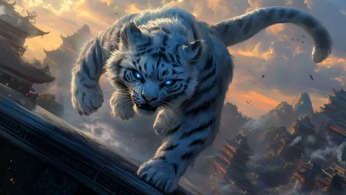 Storm-eyed spirit tiger surges above twilight temple realm.