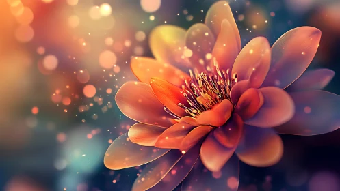 Luminous bloom with bokeh particles and warm amber tones.