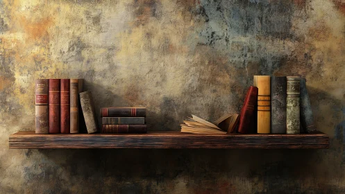 Wooden wall shelf holds worn vintage books in uneven rows