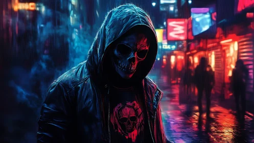 Hooded skull figure in neon drenched cyberpunk alleyway.