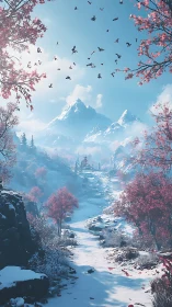Crimson trees escort a snowy path toward distant crystal peaks