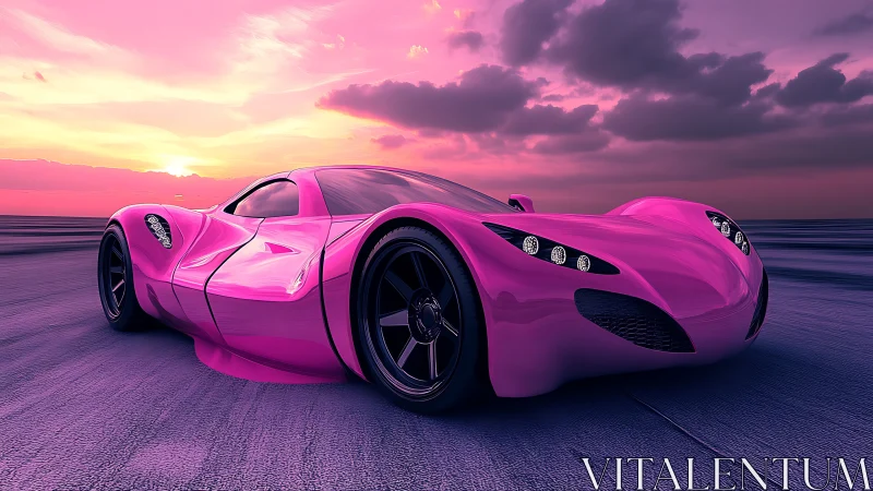 Pink concept supercar under vivid sunset sky scene.
