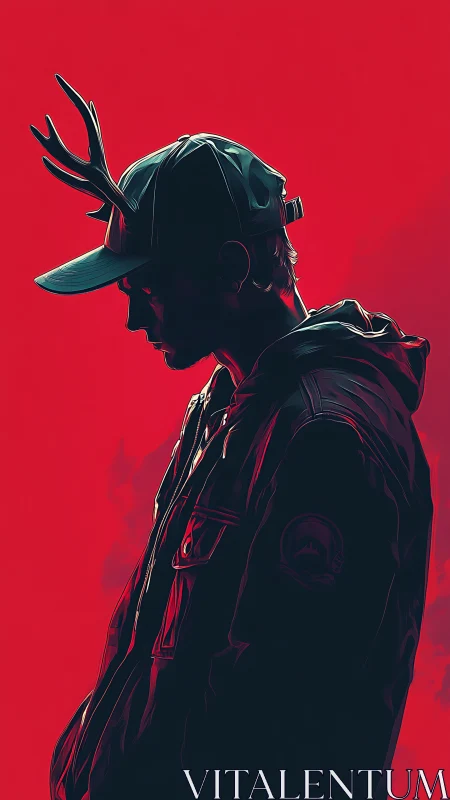Silhouetted hooded figure with antler cap in red backlight.
