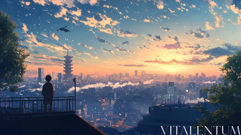 Solitary rooftop figure above glowing anime city sunset.