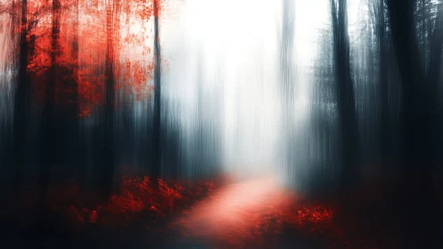 Misty Forest Path with Red Autumn Foliage.
