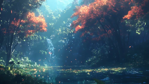 Luminescent Forest Canyon with Autumn Foliage and Particle Light