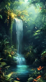 Enchanting jungle waterfall glowing with butterflies and light.