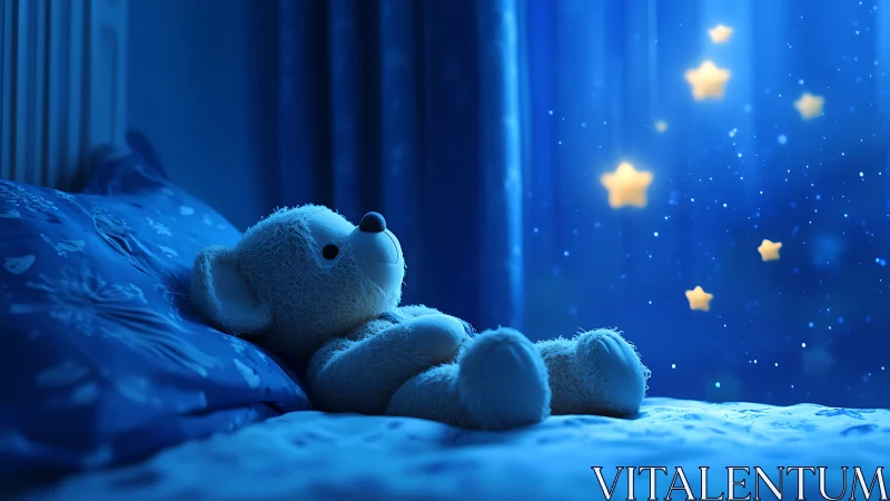 Teddy bear lies on bed under blue light with glowing stars