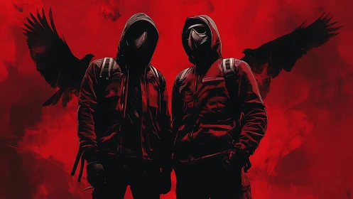 Hooded vigilantes with raven wings in red urban inferno.