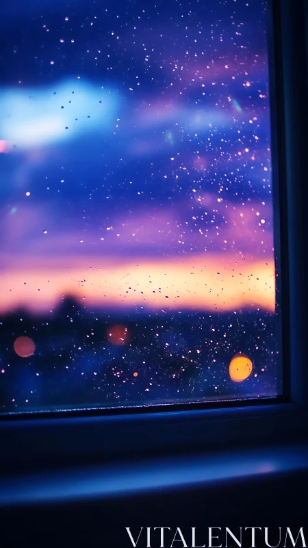 Raindrops blur sunset city lights through cool blue window
