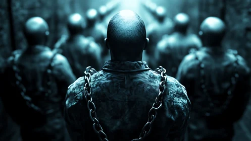 Bald prisoners stand in chains under harsh blue lighting