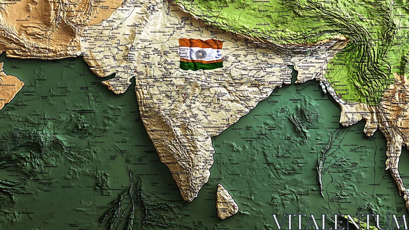 Textured relief map of India draped with a waving flag.
