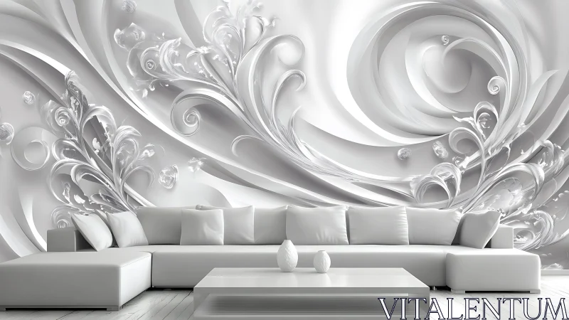 Modern white living room with abstract 3D floral wall art design.