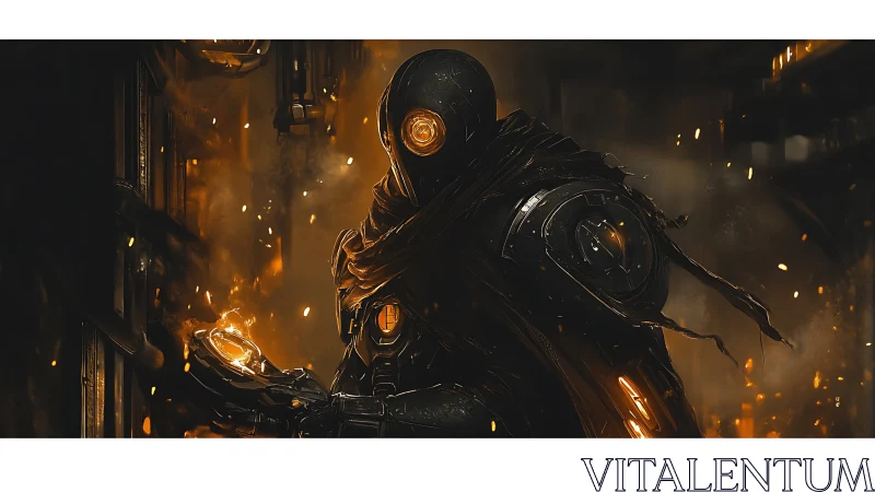 Hooded cyborg handles molten energy in a dark forge.