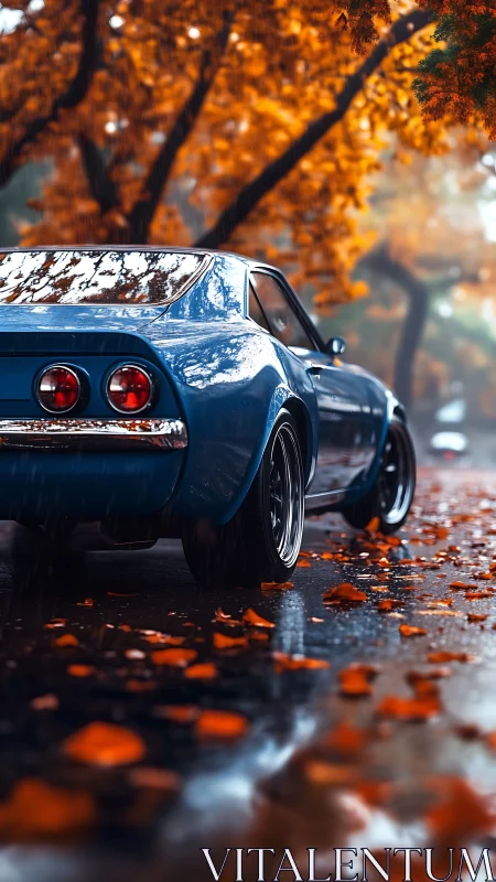 Blue classic coupe on wet autumn street with foliage above.