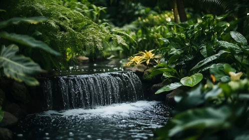 Small garden waterfall surrounded by dense tropical plants.