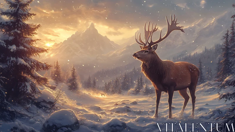 Sunlit stag stands in snowy alpine valley under glowing peak
