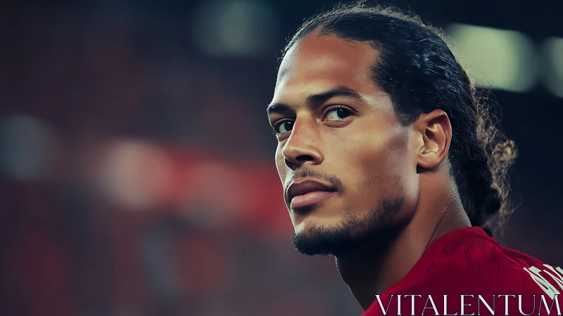 Close-range sidelit footballer portrait in red jersey, stadium