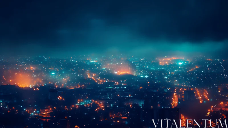 Midnight city glow wrapped in misty neon hush.