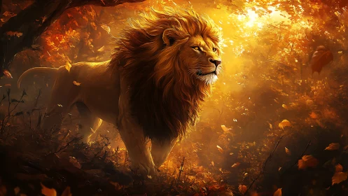 Male lion in autumn forest under strong golden light.