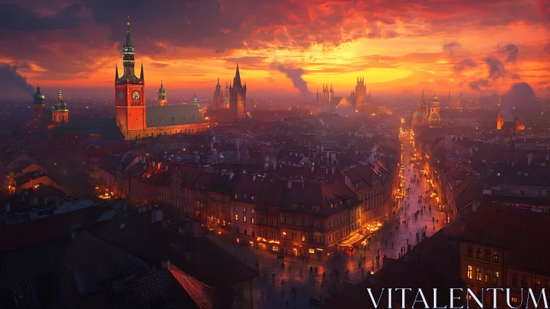 Atmospheric medieval cityscape under incendiary sunset sky.