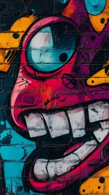 Graffiti close-up of stylized face with large teeth and eyes.