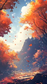 Crimson leaves whirl through a sunlit autumn mountain pass.