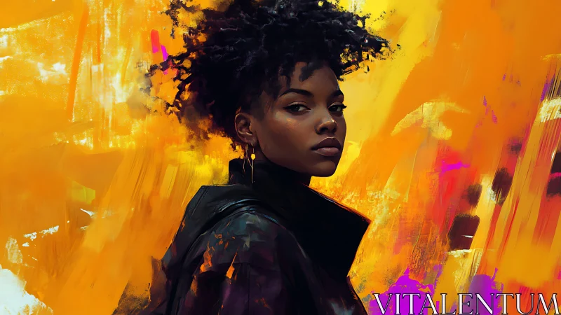 Portrait of woman before saturated abstract orange ground.