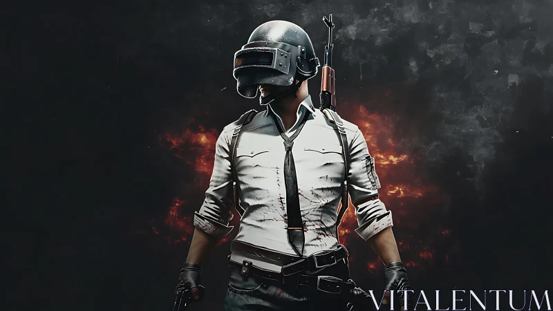 Helmeted urban warrior standing before a storm of sparks.