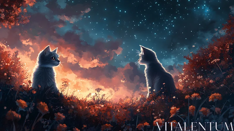 Two Felines in Luminescent Nocturnal Botanical Setting.