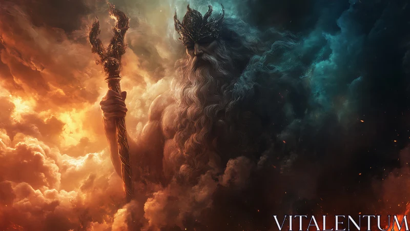 Storm crowned sea god rises between flame and thunderclouds.