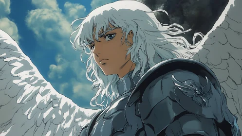 Winged silver knight under stormlit sky, anime portrait.