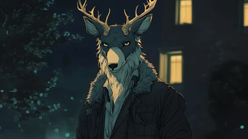 Antlered wolf man stands in moody lamplit urban night