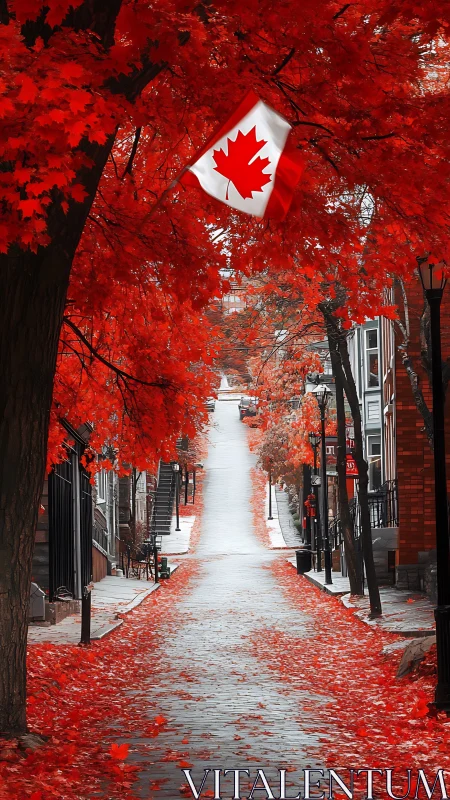 Urban street in autumn with Canadian flag overhead.